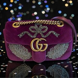 Gucci GG Marmont Velvet Embellished Bag Small | Crystal Bow Feather Rare Runway